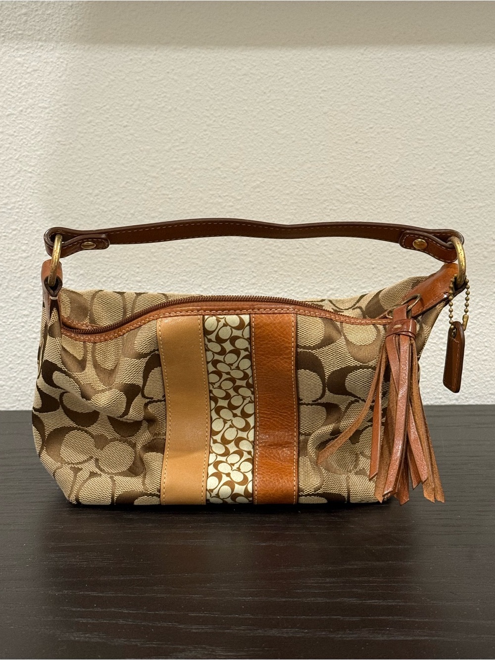 Coach Brown & Tan Signature Jacquard Shoulder Bag with Tassel